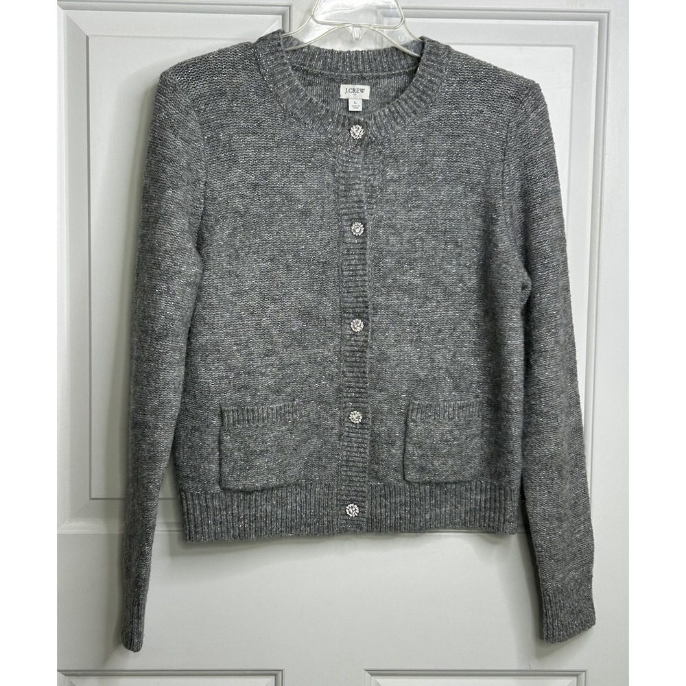 J Crew Cardigan Sweater Women's Large Gray Shimmer Lady Preppy Accent Buttons